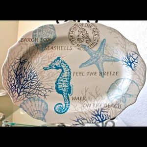 222 FIFTH COASTAL BREEZE BLUE PLATTER PORCELAIN NEW SEAHORSE